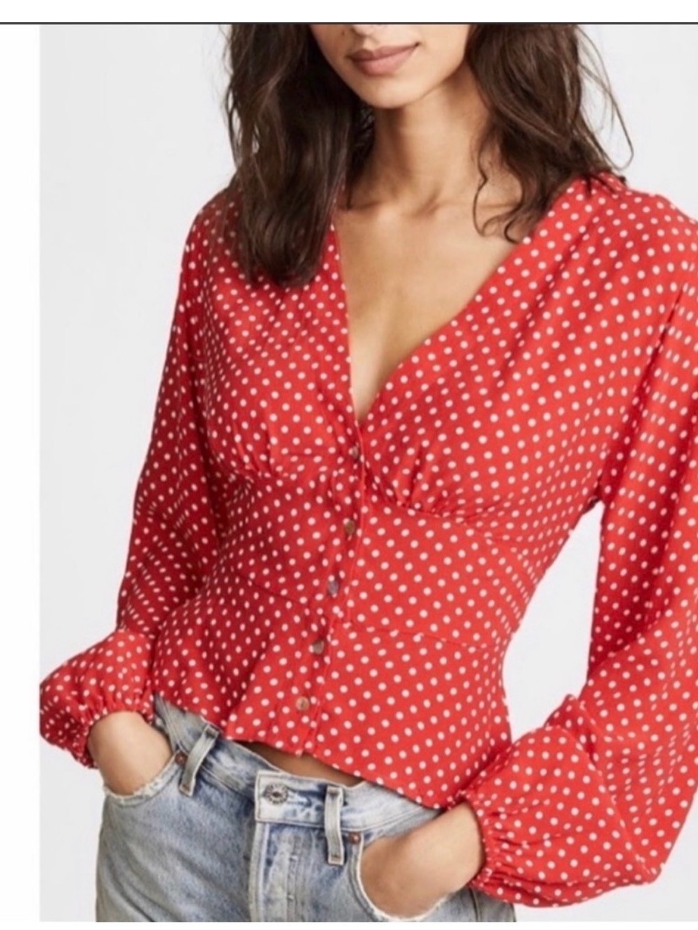 FREE PEOPLE - love street  polka dot dather Ballon Sleeve top in red